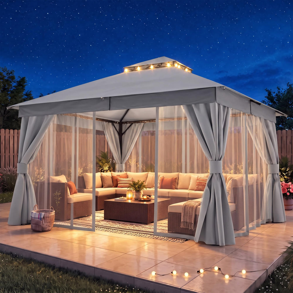 12x12 Gazebo Canopy with Netting, Curtains & Double Roof M4988