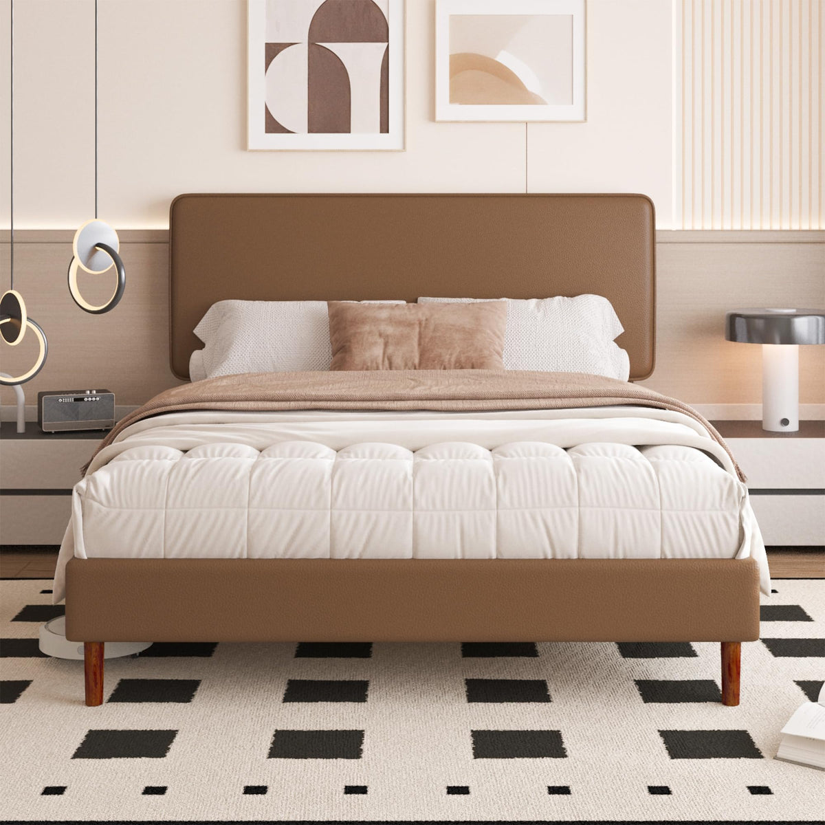 Brown Leather Full Size Platform Bed Frame A559