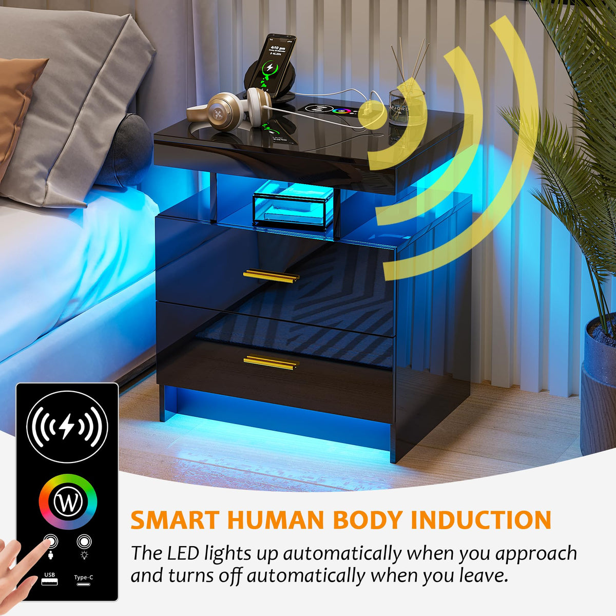 Black LED Nightstand with USB Type-C Charging R733