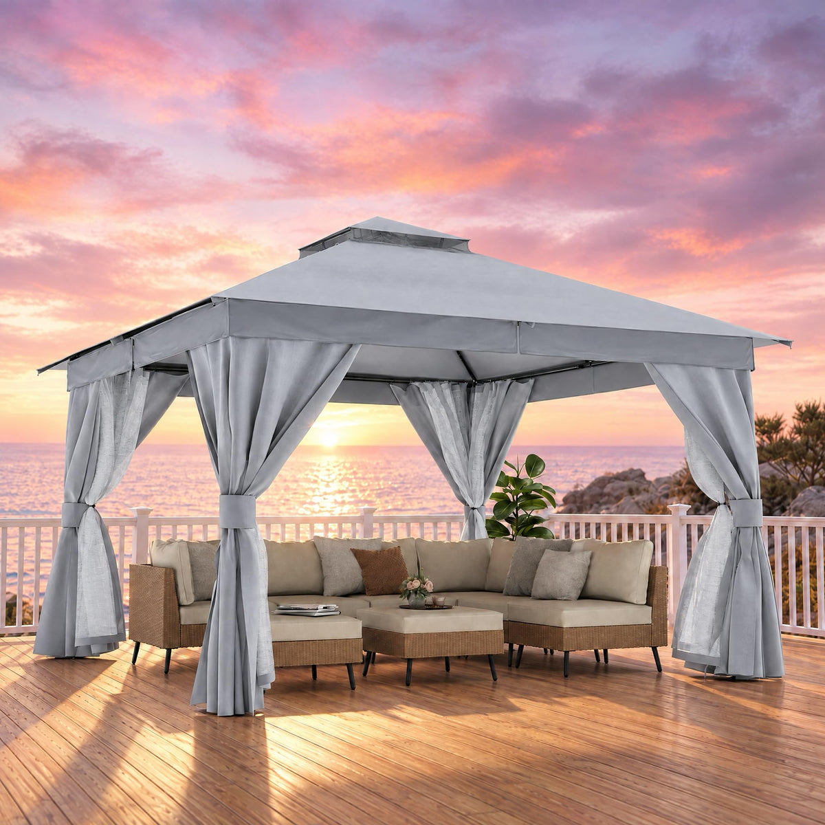 12x12 Gazebo Canopy with Netting, Curtains & Double Roof M4988
