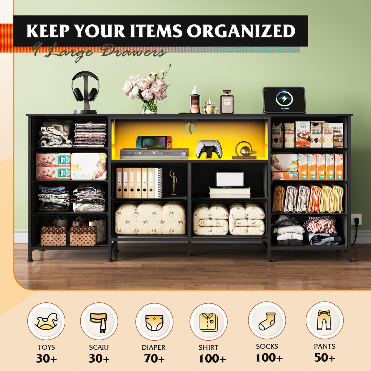 Black 12 Drawer LED Dresser TV Stand Y745