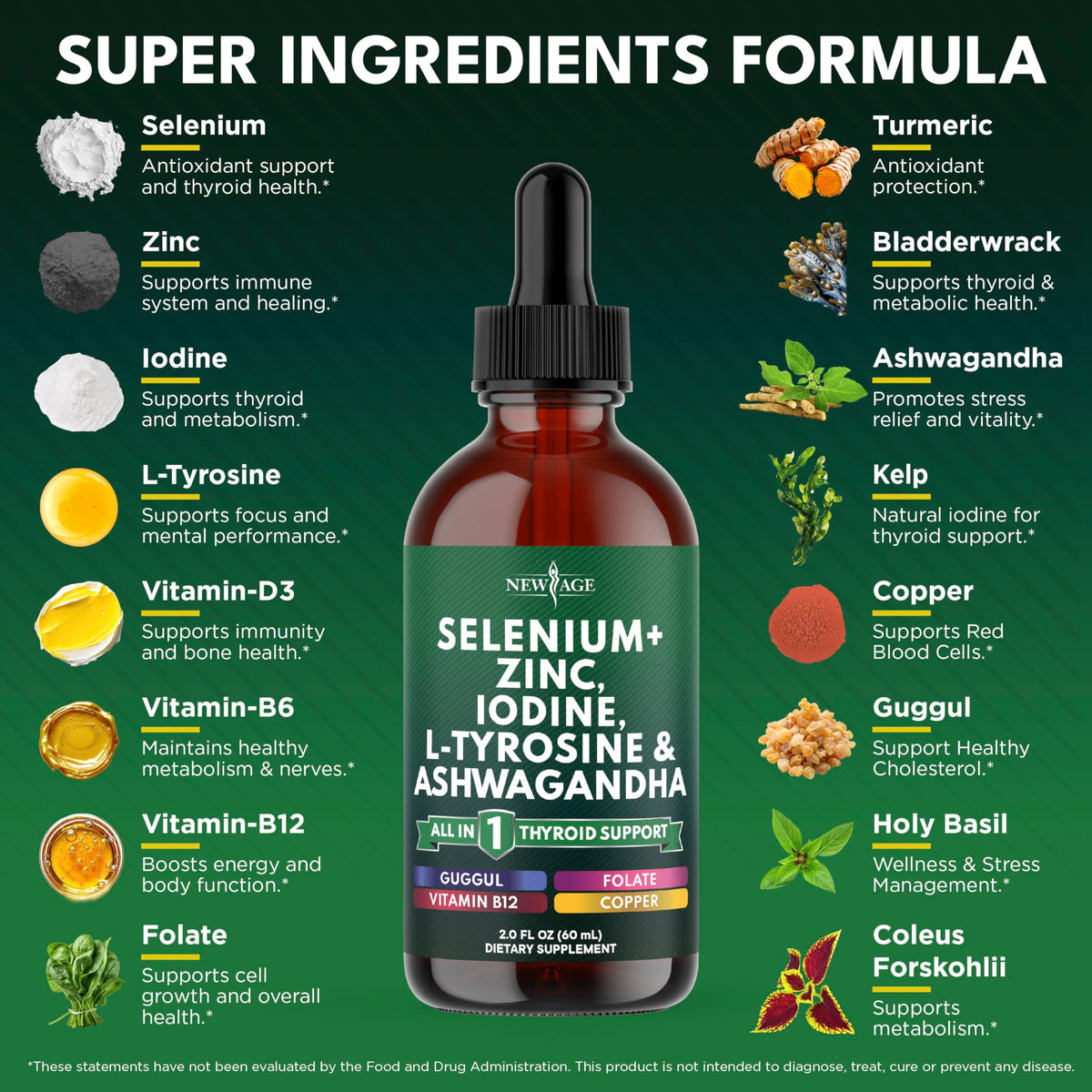 Thyroid Support Drops - Selenium, Zinc, Iodine, L Tyrosine, Ashwagandha, Turmeric, Schisandra Guggu, Cayenne, Basil - Liquid Supplement Folate Copper Alcohol -Free, Vegan, Non-GMO – 4 oz D830505