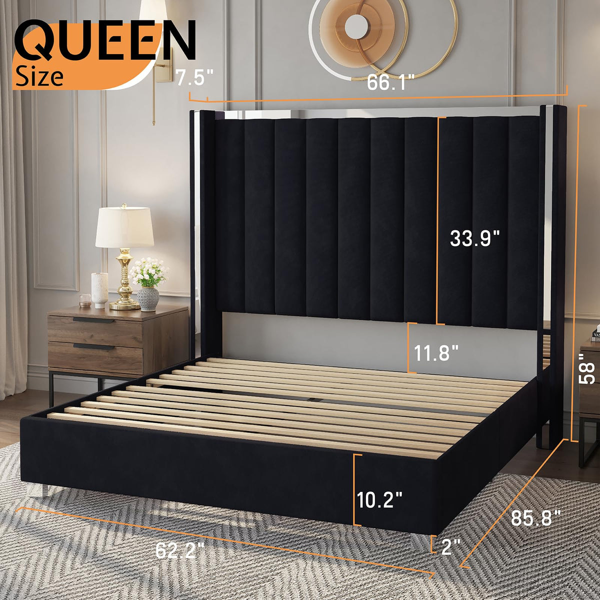 Queen Upholstered Bed Frame with Tall Headboard T60007