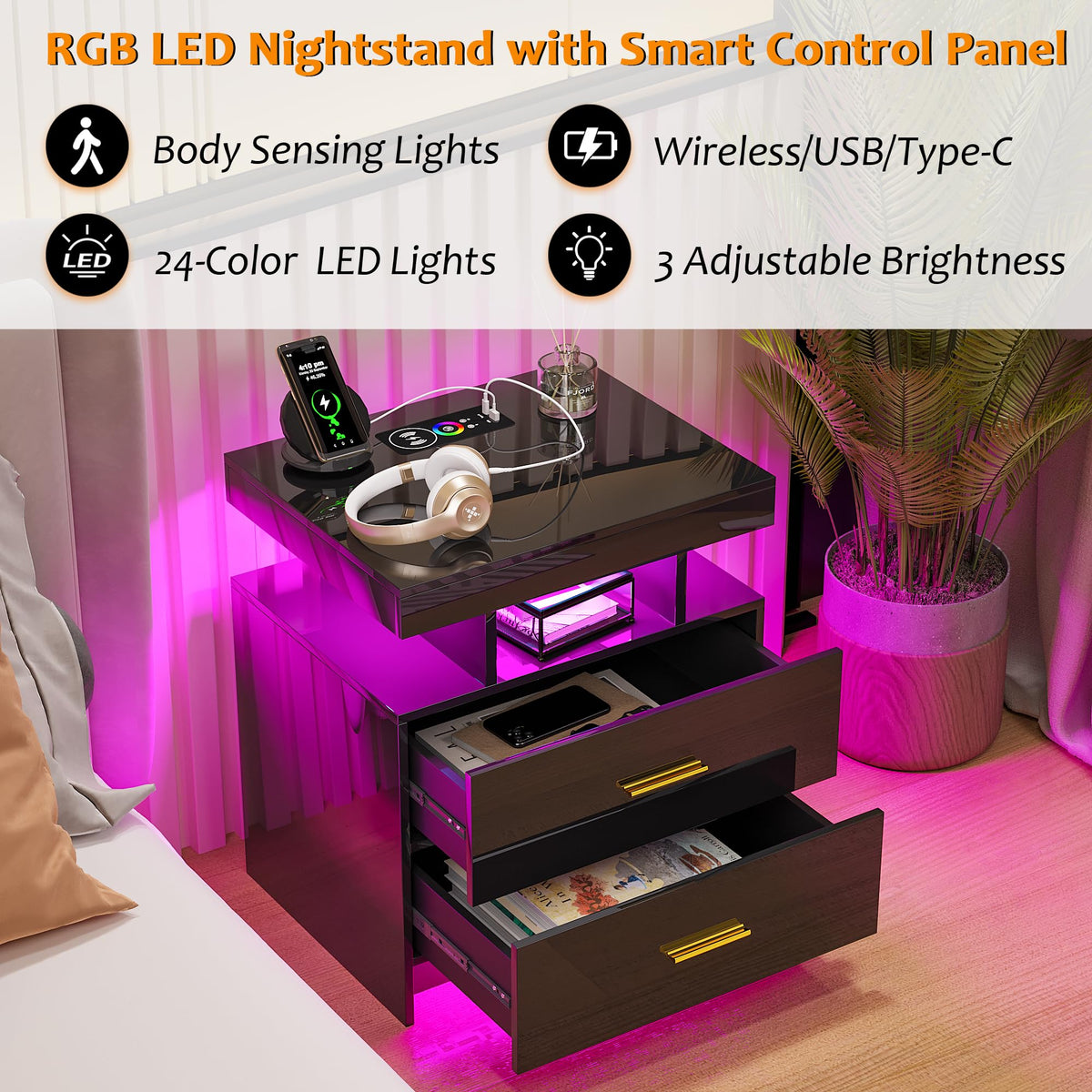 Black LED Nightstand with USB Type-C Charging R733