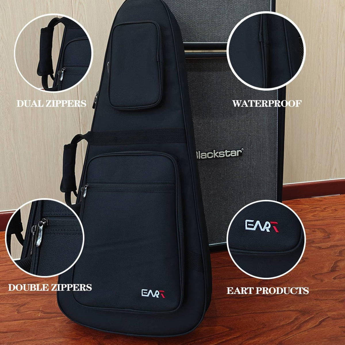 36 Inch Headless Electric Guitar Case, Waterproof Nylon Soft Bag with Shoulder Strap, Black F339454