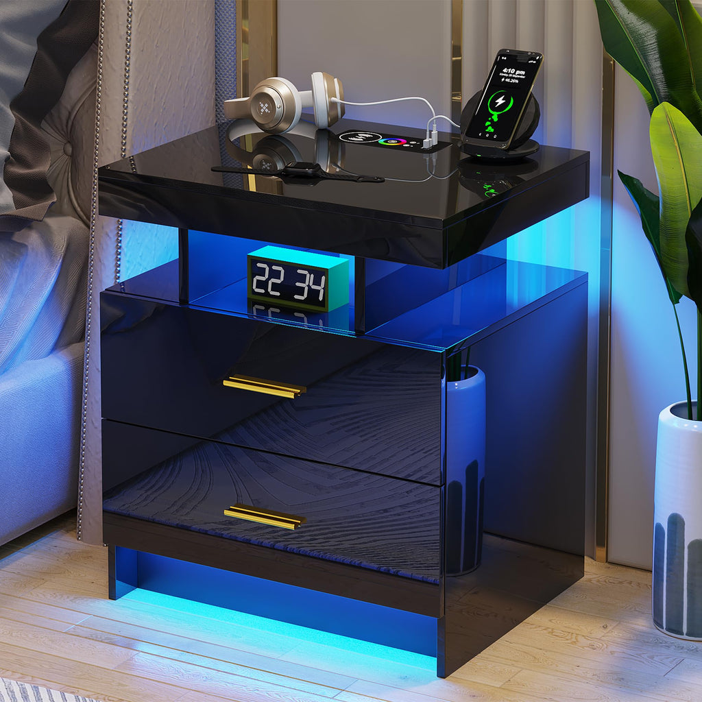 Black LED Nightstand with USB Type-C Charging R733