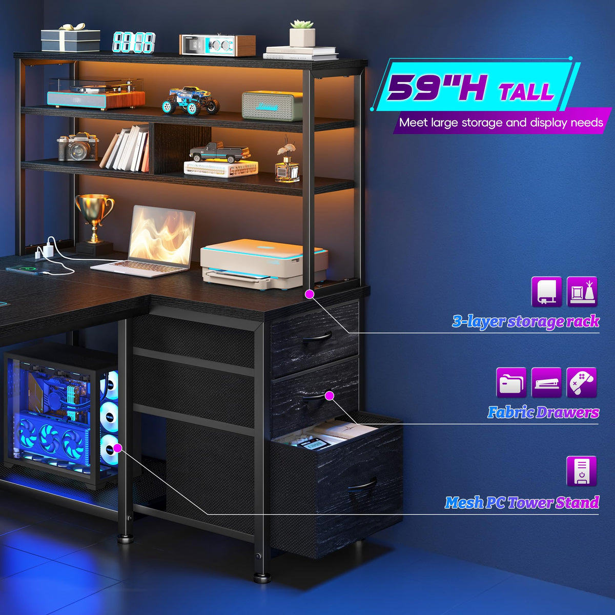55" L Shaped Gaming Desk with 3 Fabric Drawers & Shelves V59399