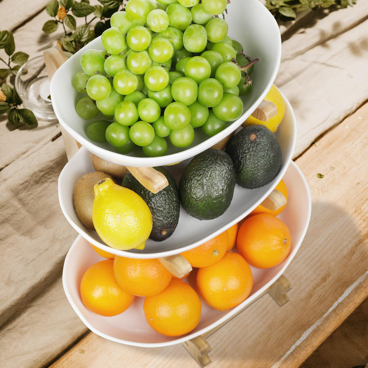 3 Tier Ceramic Fruit Bowl with Bamboo Stand N2394