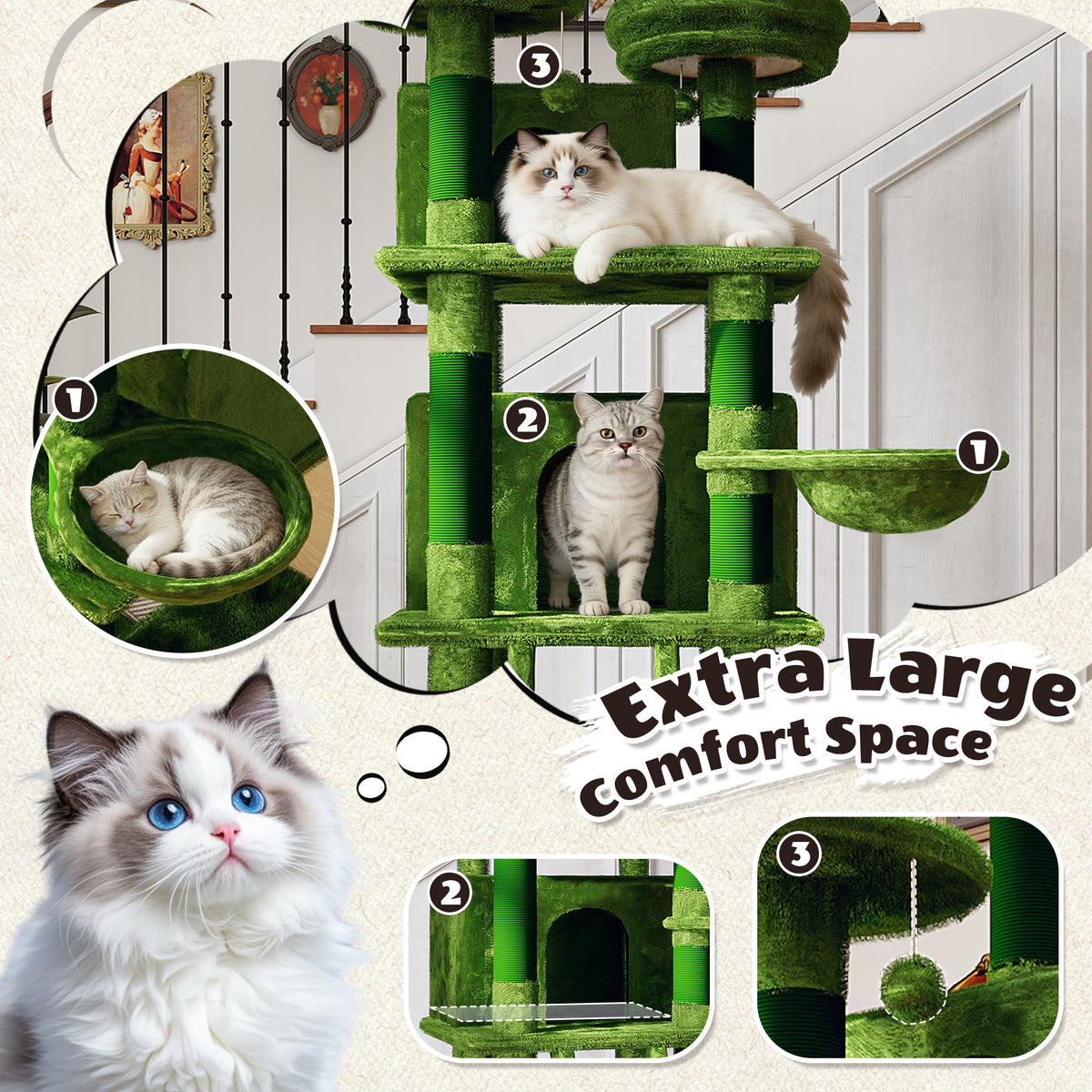 70.87'' Cat Tree Tower with Scratching Post and Hanging Hammock W3674