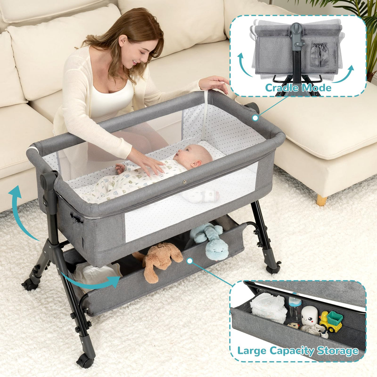 3 in 1 Adjustable Baby Bassinet with Wheels and Storage Basket Q314