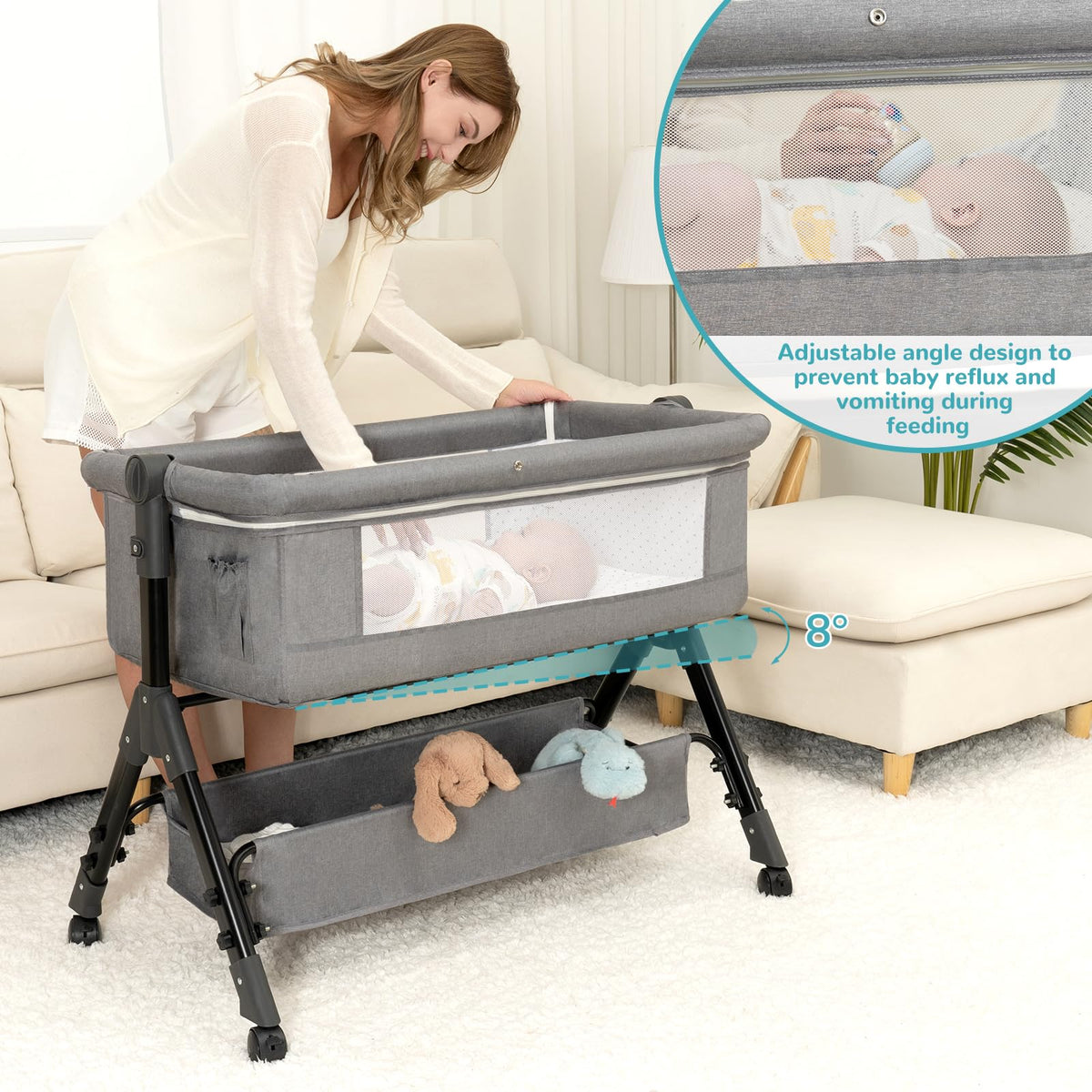 3 in 1 Adjustable Baby Bassinet with Wheels and Storage Basket Q314