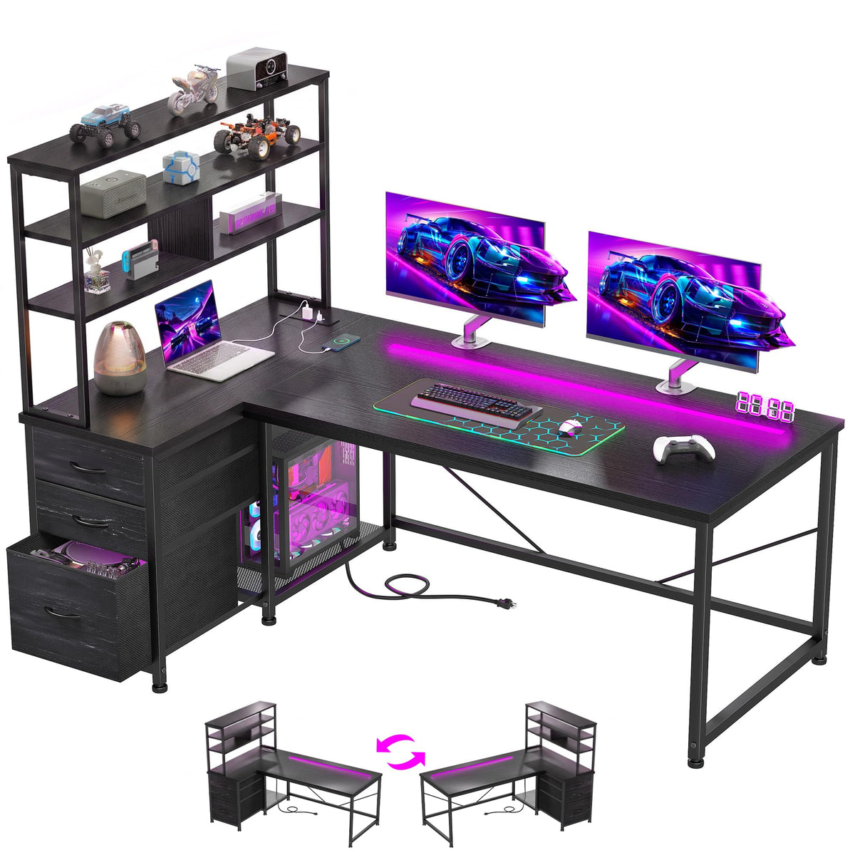 55" L Shaped Gaming Desk with 3 Fabric Drawers & Shelves V59399