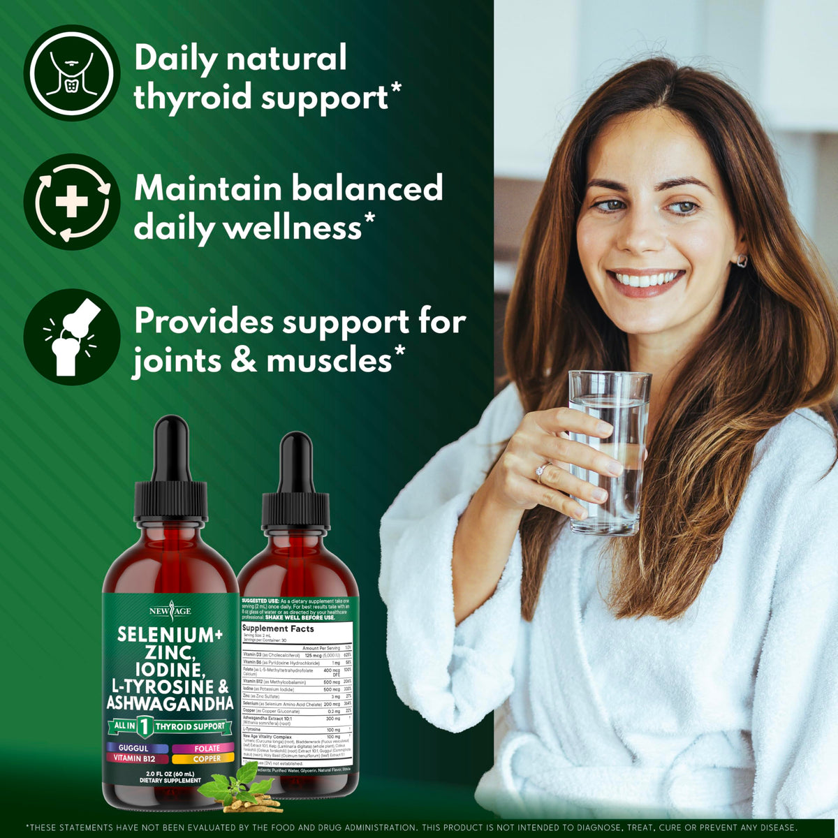 Thyroid Support Drops - Selenium, Zinc, Iodine, L Tyrosine, Ashwagandha, Turmeric, Schisandra Guggu, Cayenne, Basil - Liquid Supplement Folate Copper Alcohol -Free, Vegan, Non-GMO – 4 oz D830505