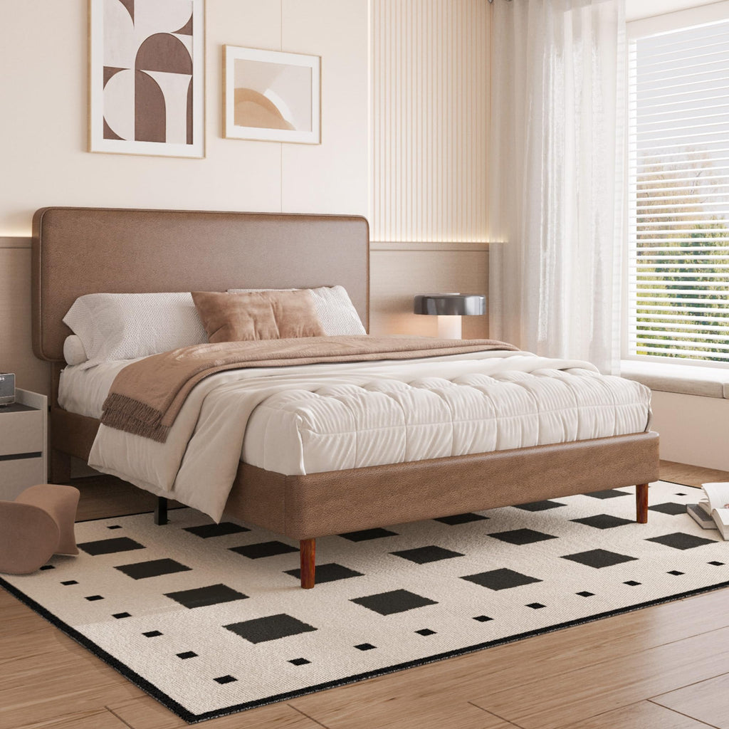 Brown Leather Full Size Platform Bed Frame A559