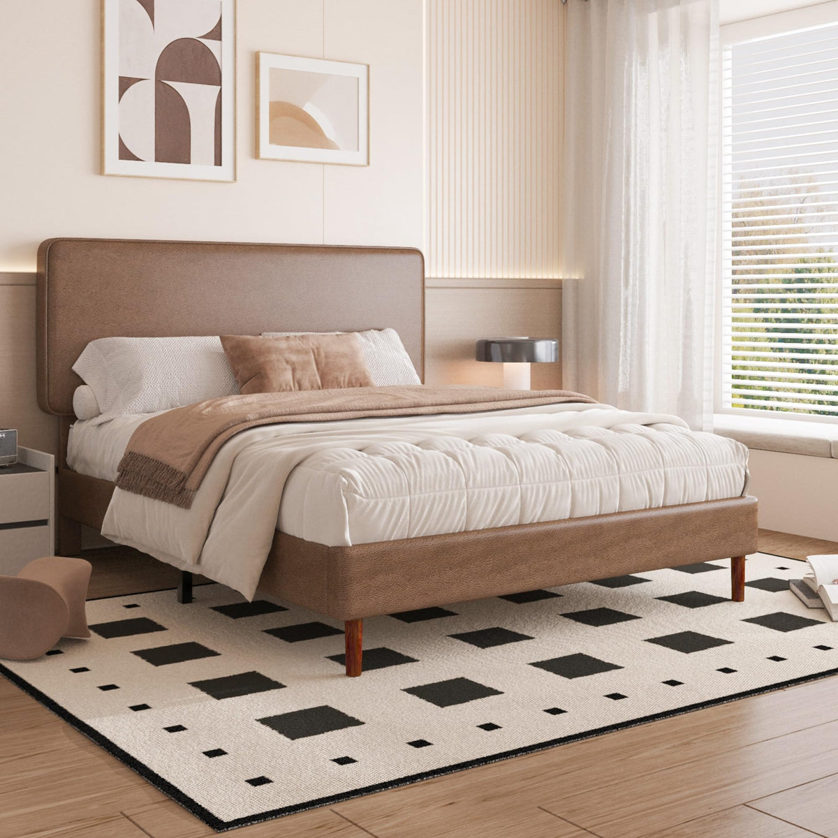 Brown Leather Full Size Platform Bed Frame A559