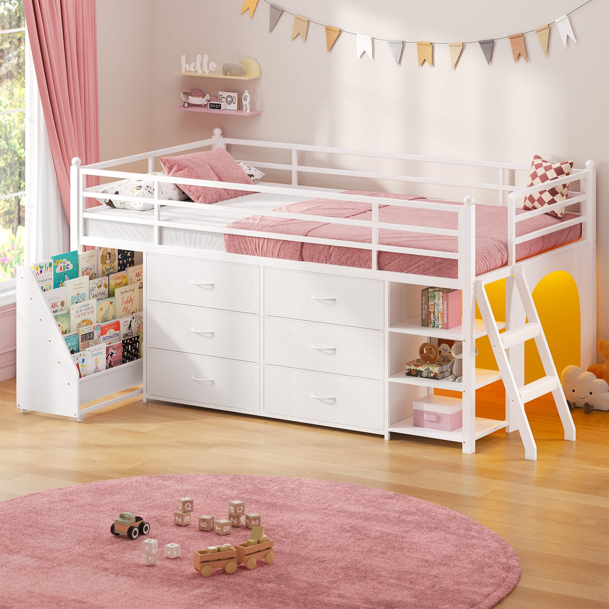 White Twin Loft Bed with Bookshelf, Display Shelf, Storage Drawers and Ladder E211