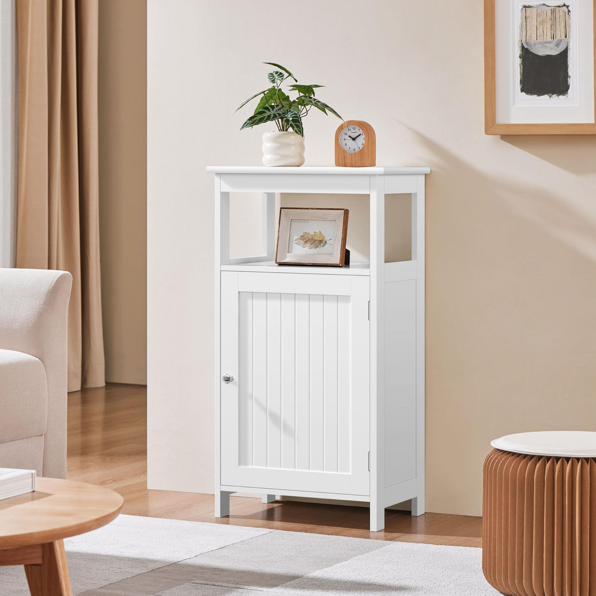 White Bathroom Storage Cabinet with Door & Open Shelf X52868