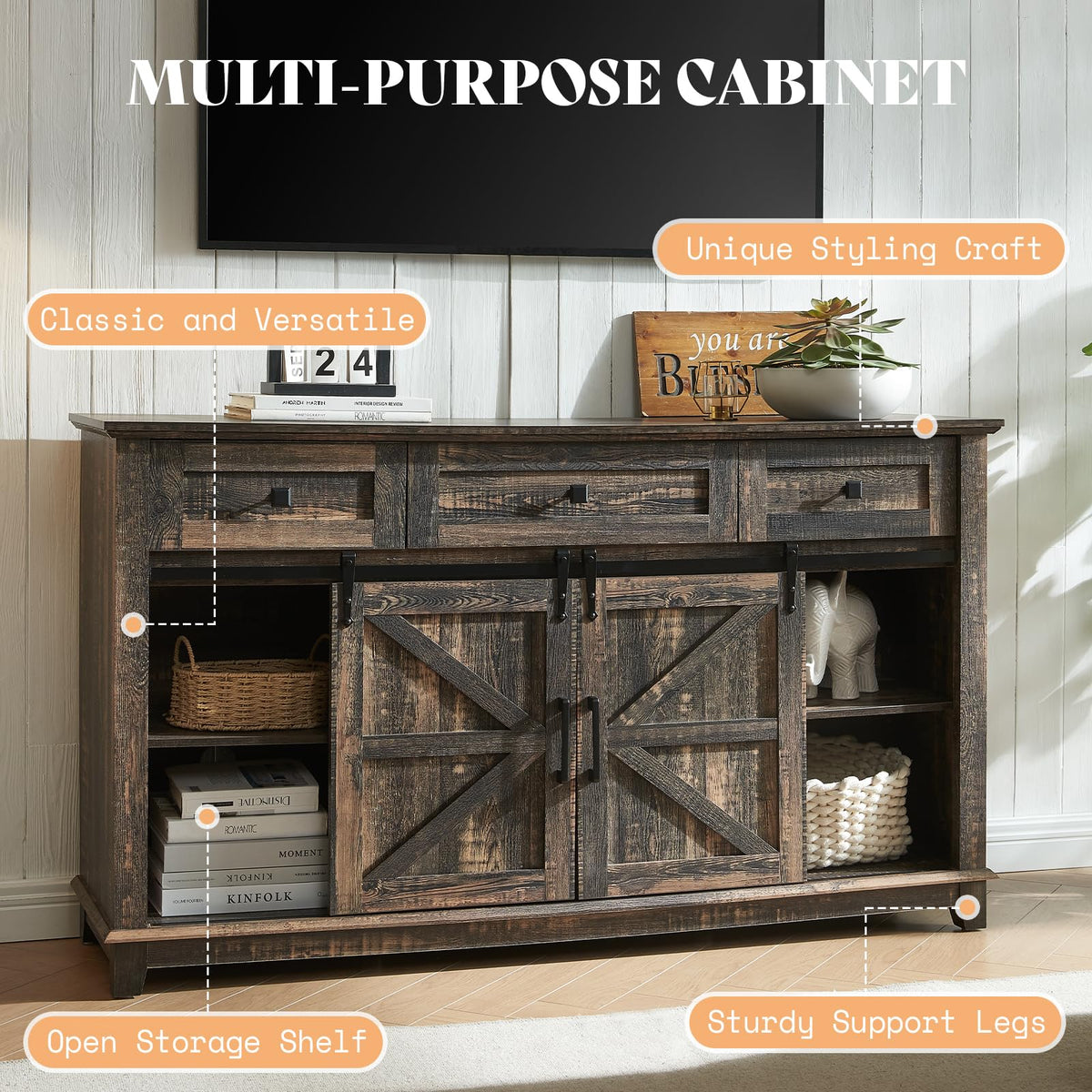 59" Dark Rustic Oak TV Stand with Storage Drawers L8786