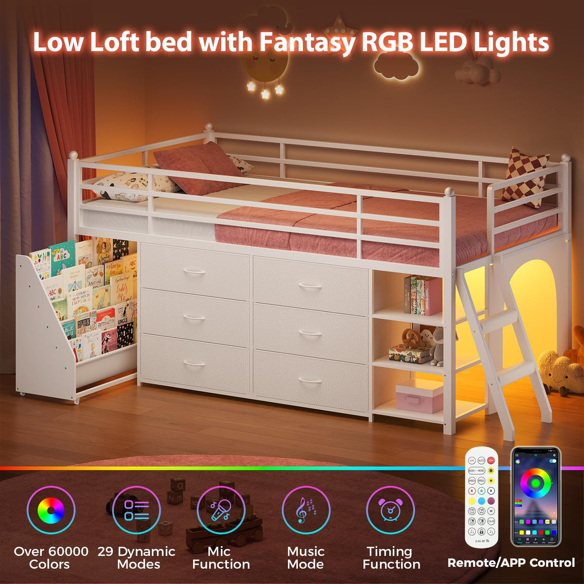 White Twin Loft Bed with Bookshelf, Display Shelf, Storage Drawers and Ladder E211