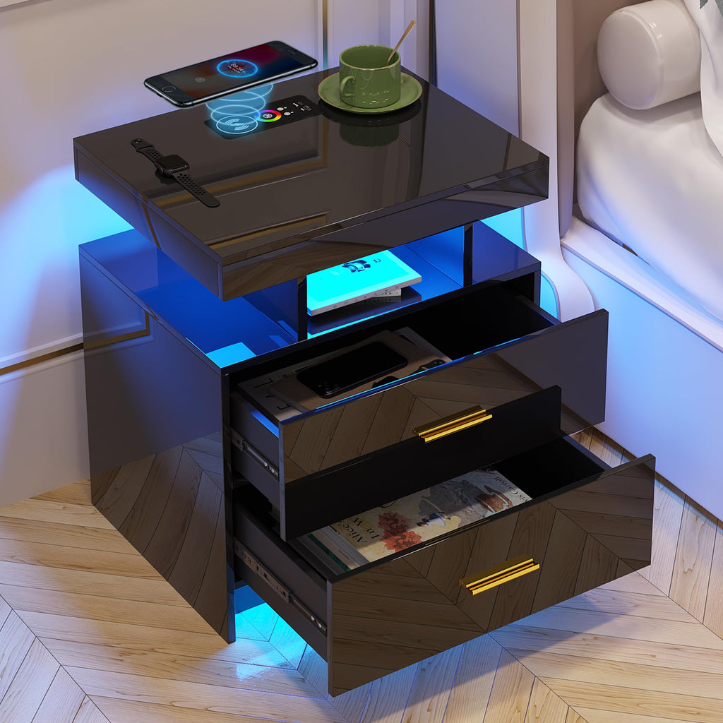 Black LED Nightstand with USB Type-C Charging R733