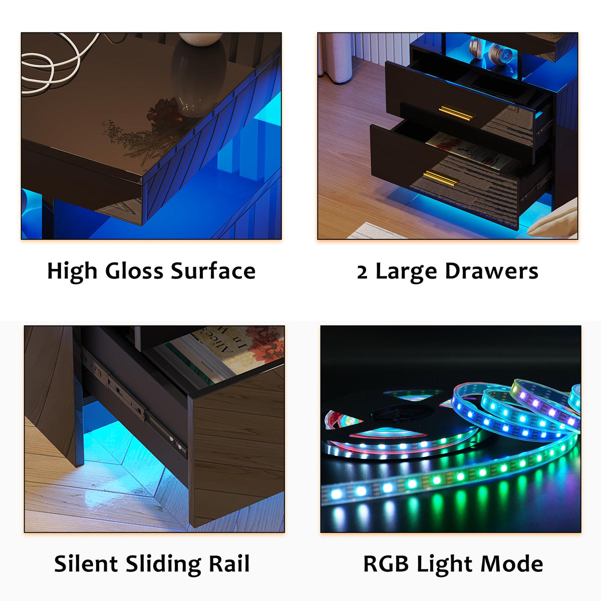 Black LED Nightstand with USB Type-C Charging R733