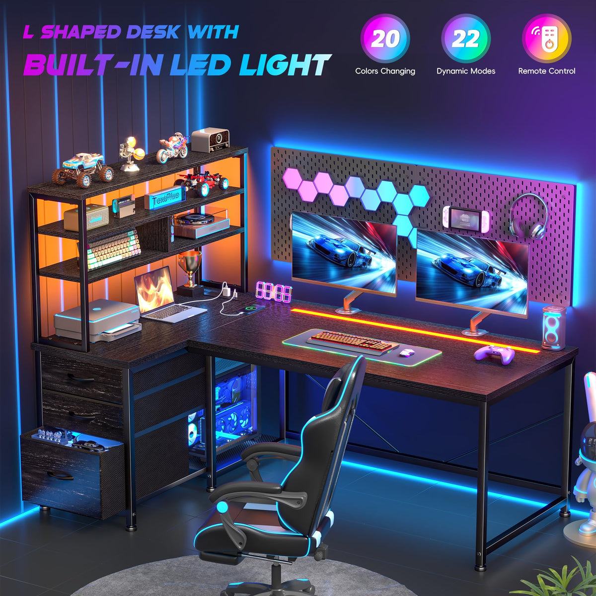 55" L Shaped Gaming Desk with 3 Fabric Drawers & Shelves V59399