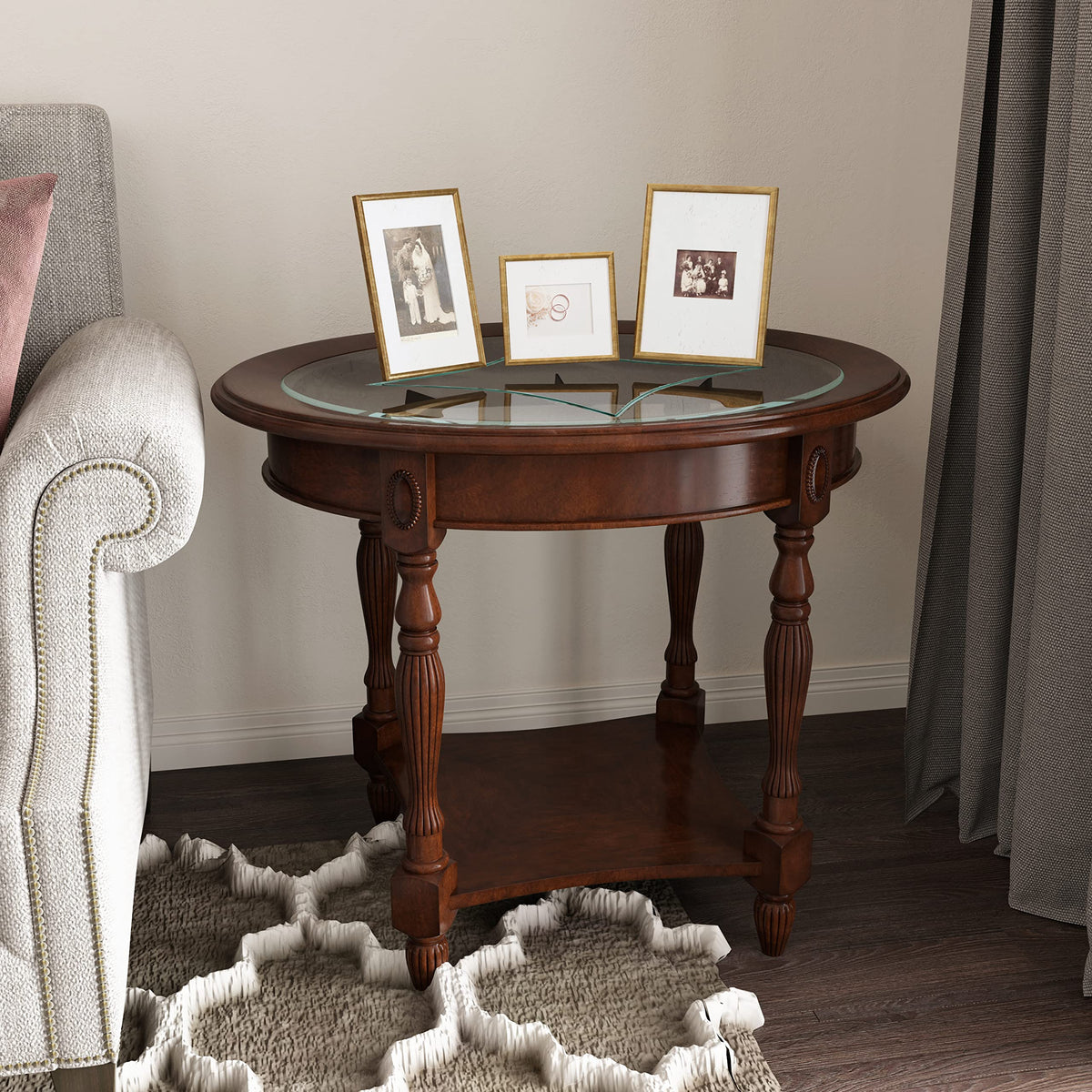 Wood Oval End Table with Glass Top U451