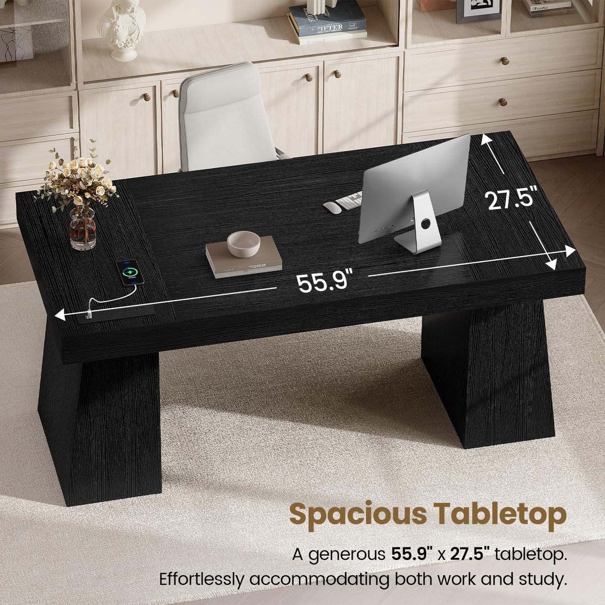 55.9" Black Wood Executive Desk with Storage K788385