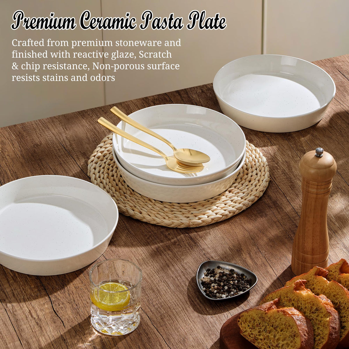 34oz Stoneware Pasta Bowls Set of 4 Speckled White L61050