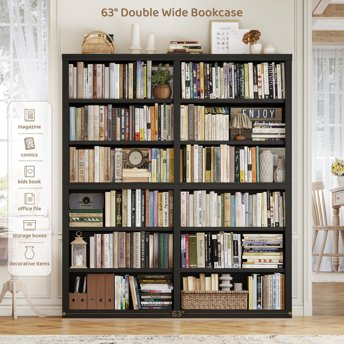 73" Tall Black 6-Tier Double Wide Bookshelf O204511