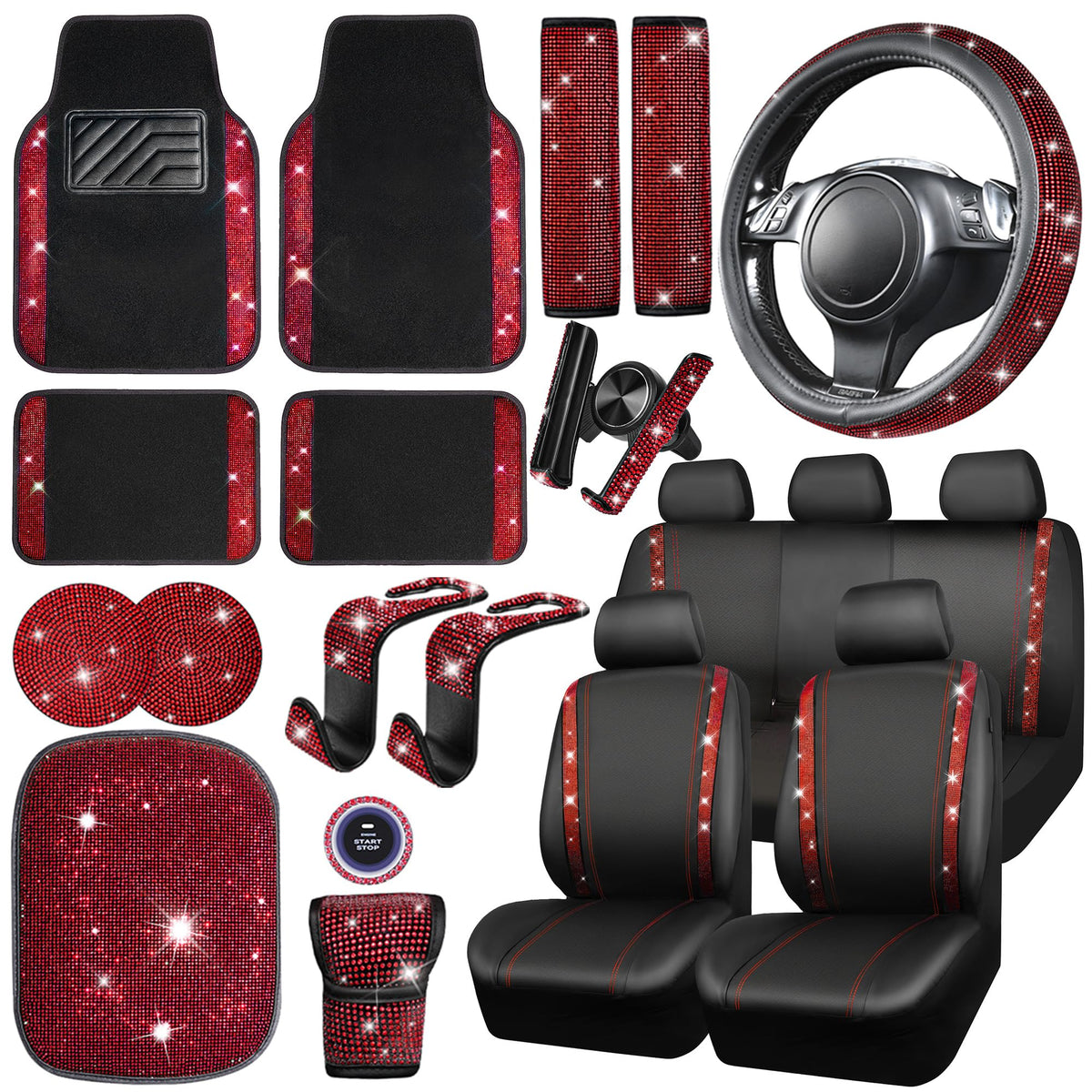 23 Pcs Bling Diamond Car Accessories Set Red P487555