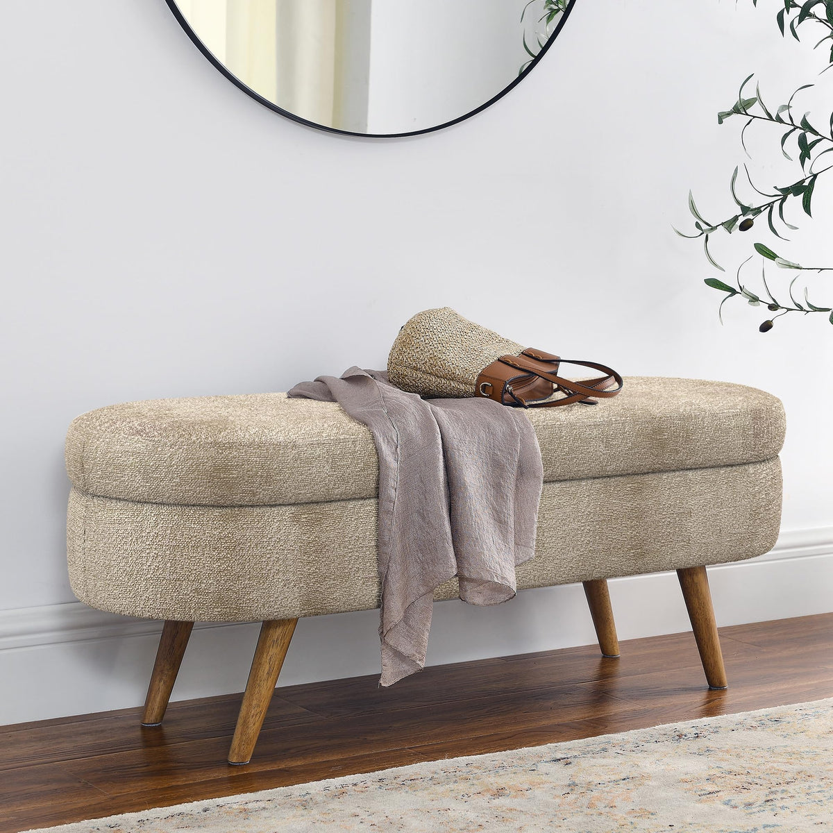 43.5" Oval Upholstered Storage Bench with Rubber Wood Legs N3004