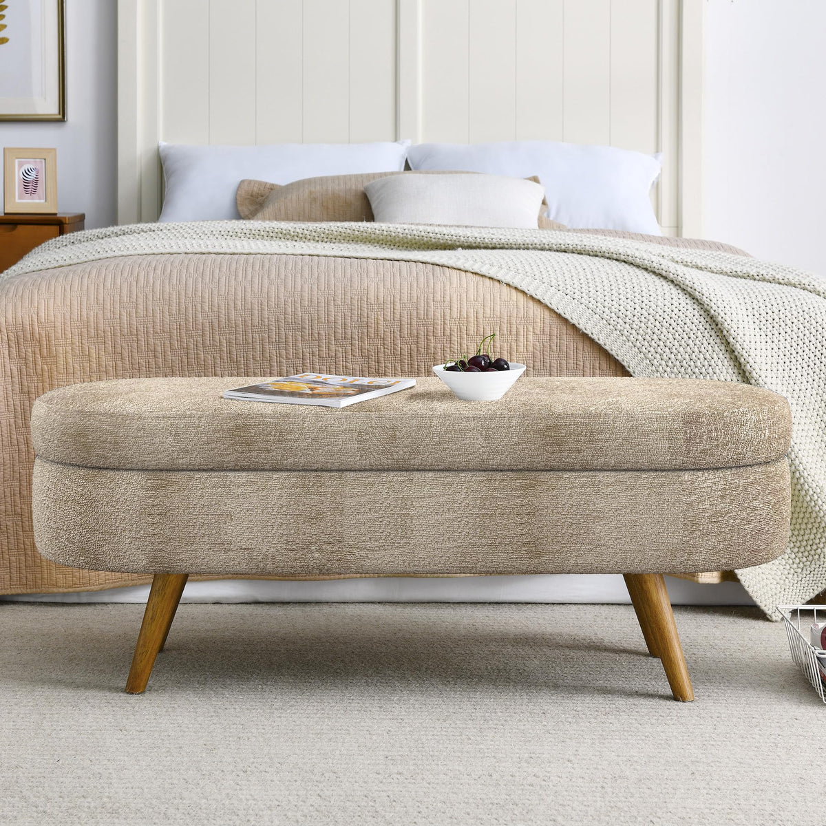 43.5" Oval Upholstered Storage Bench with Rubber Wood Legs N3004