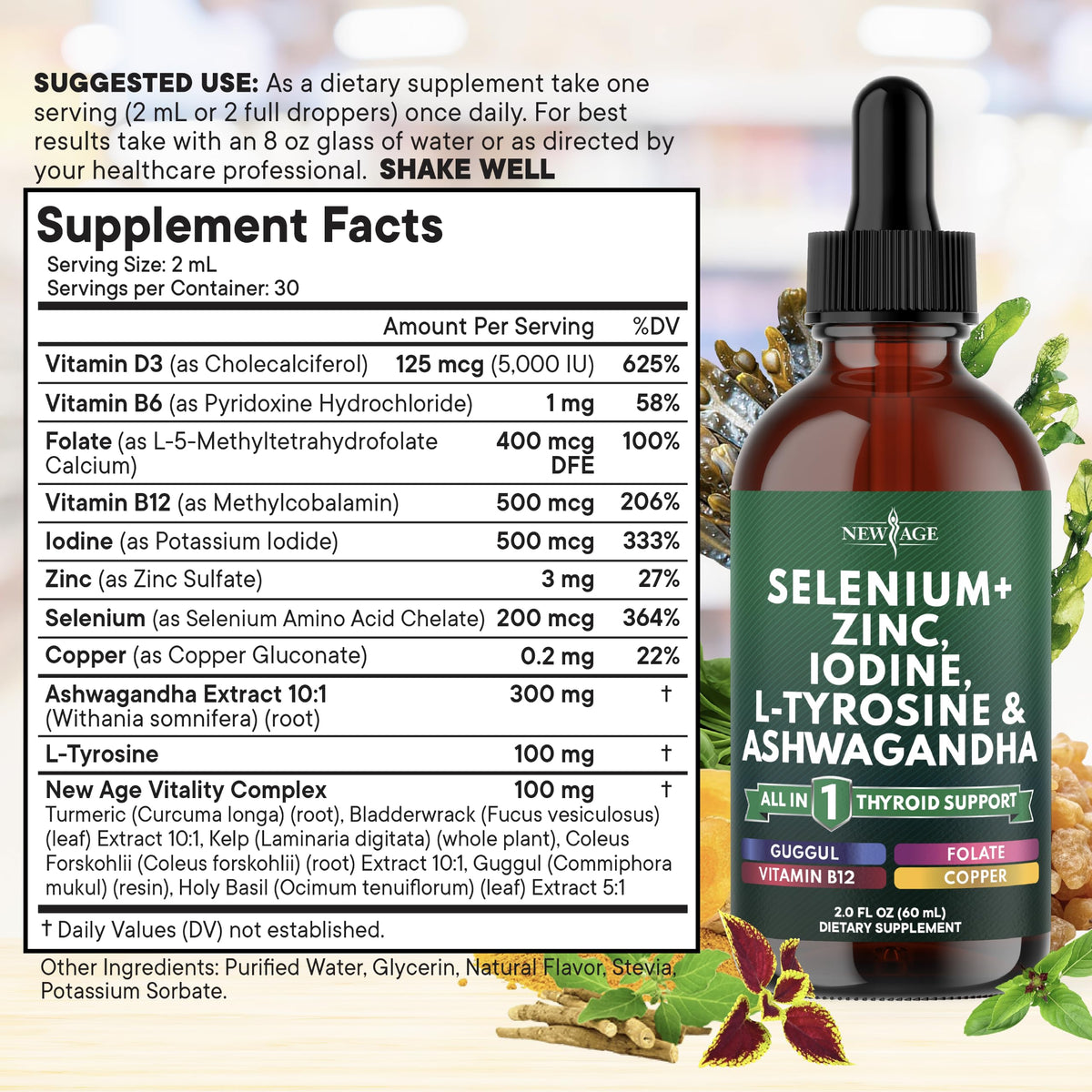 Thyroid Support Drops - Selenium, Zinc, Iodine, L Tyrosine, Ashwagandha, Turmeric, Schisandra Guggu, Cayenne, Basil - Liquid Supplement Folate Copper Alcohol -Free, Vegan, Non-GMO – 4 oz D830505