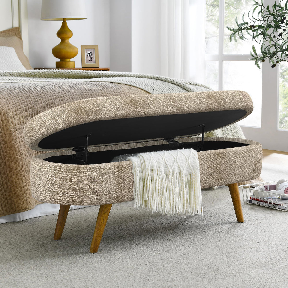 43.5" Oval Upholstered Storage Bench with Rubber Wood Legs N3004