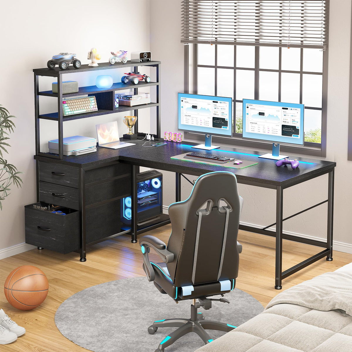55" L Shaped Gaming Desk with 3 Fabric Drawers & Shelves V59399