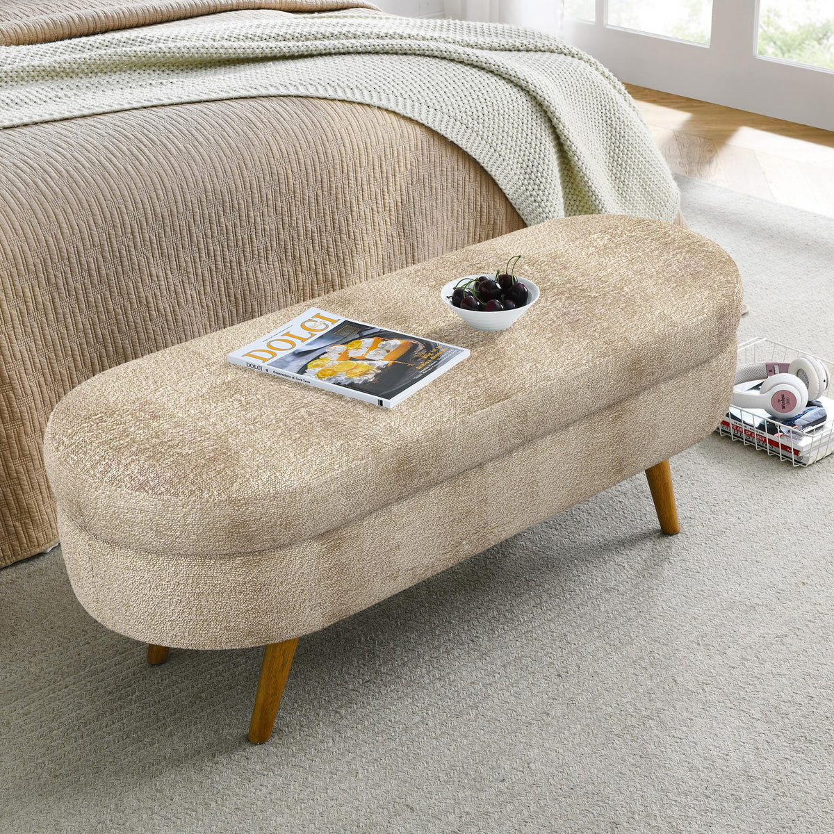 43.5" Oval Upholstered Storage Bench with Rubber Wood Legs N3004